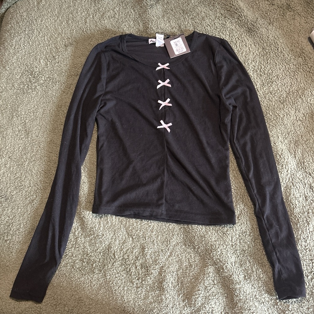 Black Long Sleeve Top with Bow Accents